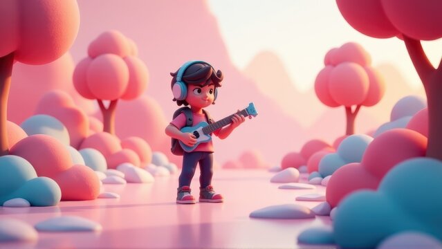 Cartoon Boy Playing Ukulele in a Candyland Setting, generative Ai, generative Ai - Powered by Adobe