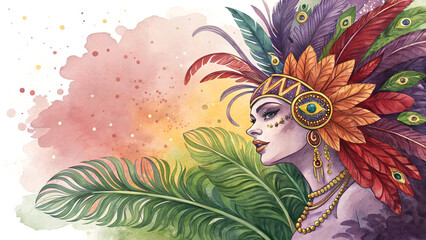 Obraz premium Carnival Costume Watercolor Background, Vibrant Purples, Reds, and Greens, Brazilian Culture Essence, with Copy Space