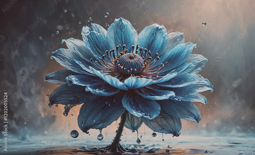 Poster a blue flower with water droplets on it. the image has a calming and serene mood, as the water dropl