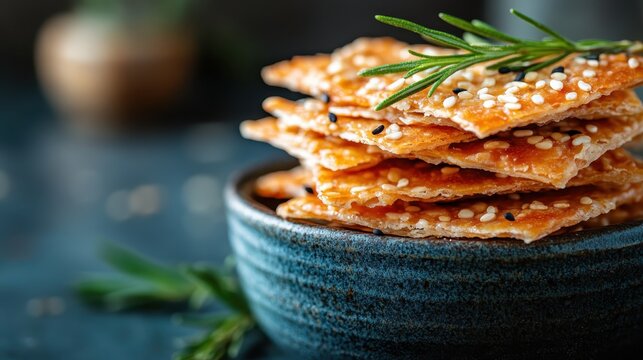 A beautiful arrangement of savory snack stacks, garnished with sesame seeds and rosemary, emphasizing their uniqueness and culinary delicacy.