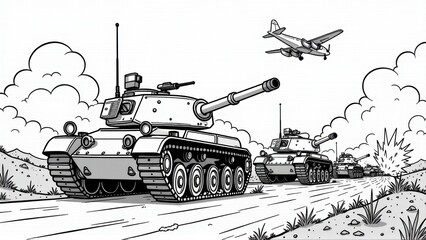 Obraz premium Tanks and Airplane in War Scene, generative Ai, generative Ai