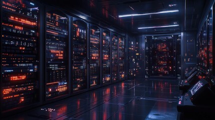 Futuristic server room with glowing data displays.
