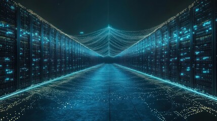 Futuristic server room with glowing data streams.