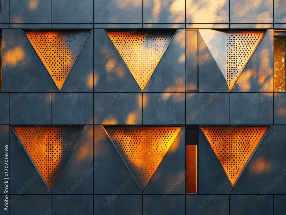Poster modern architectural design featuring geometric triangular windows illuminated by warm sunlight on a