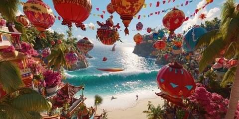 Colorful Festival by the Beach with Vibrant Hot Air Balloons in a Tropical Paradise