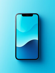 Blue mobile phone standing upright, device closeup concept. Modern minimalist interior, digital device on platform, communication smartphone.