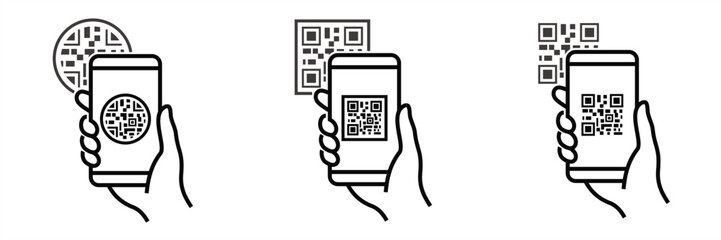 QR code scanning in smartphone with hand holding mobile phone. Barcode scanner for pay, mobile app, web. Icon sheet. Vector illustration. Editable stroke EPS 10