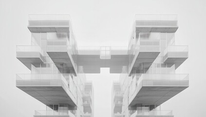 Fototapeta premium Modern Architectural Design Featuring Minimalist Glass Fronts and Clean Lines in Urban Environment with Soft Fog Creating Ethereal Atmosphere for Stunning Aesthetic Appeal