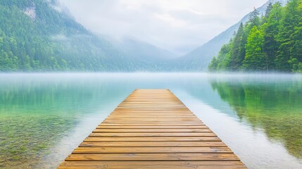 A lone wooden pier extending into a tranquil lake surrounded by mist