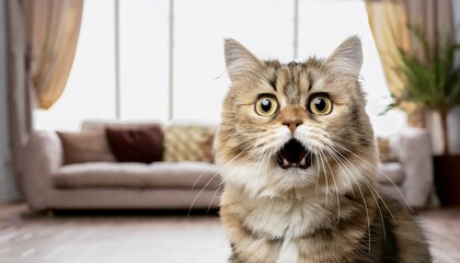 Angry and surprised cat isolated on transparent living room background