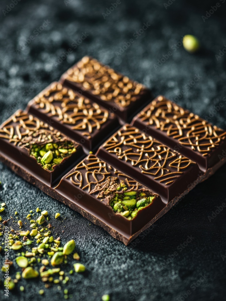 Poster delicious chocolate with pistachio filling on a golden plate adorned with intricate arabic patterns.