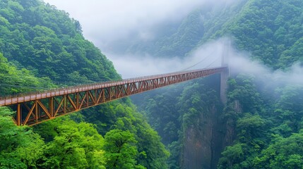 A long suspension bridge swaying gently over a misty gorge