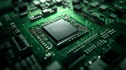 Fototapeta premium Close-up of a green circuit board with glowing lights and visible electronic components, showcasing intricate technology.