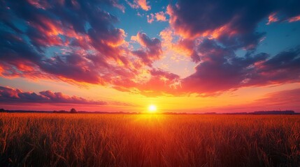 Obraz premium Golden Hour Symphony: A Majestic Sunset Over a Wheat Field with Dynamic Clouds and Vibrant Colors