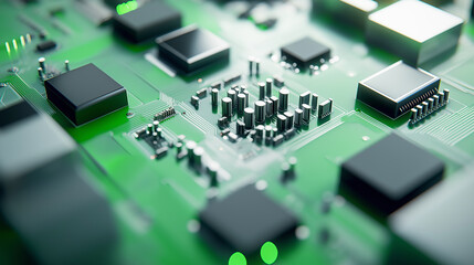 Fototapeta premium Close-up of a green circuit board with glowing lights and visible electronic components, showcasing intricate technology.