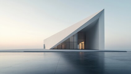 Obraz premium Modern Architectural Design Featuring Sleek Lines and Minimalist Facade Against Soft Sky Horizon, Emphasizing Contemporary Aesthetics and Artistic Vision in Urban Spaces