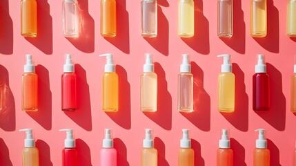 Bottled products arranged in a geometric pattern on a bright coral background