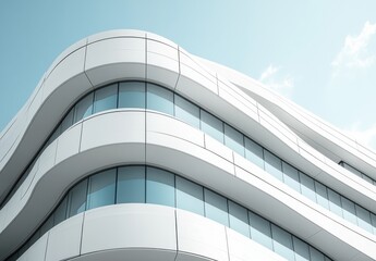 Modern Architectural Design Featuring Smooth Curves and Sleek Glass Windows Against Clear Blue Sky in Contemporary Urban Setting