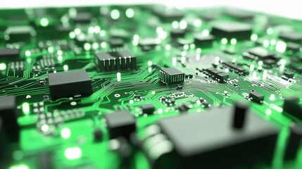 Fototapeta premium Close-up of a green circuit board with glowing lights and visible electronic components, showcasing intricate technology.