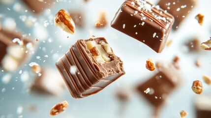 An eye-catching arrangement of broken chocolate pieces adorned with nuts, suspended in mid-air, creates an appealing visual that highlights culinary indulgence and creativity.