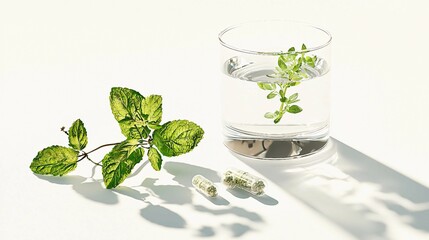 Fresh Mint Leaves in Glass with Water and Herbal Capsules Displayed