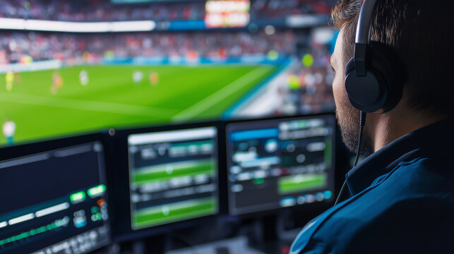 Sports broadcaster wearing headphones, working at a control desk with monitors, overlooking a stadium during a live event.