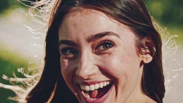 Portrait closeup of a beautiful woman with long brown hair is happy surprised amazed impressed and looking at camera.