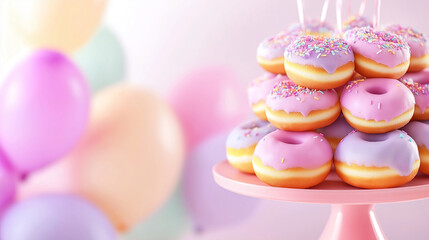 A stack of colorful donuts with purple icing and sprinkles on a pink cake stand, surrounded by pastel balloons.