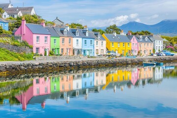 Obraz premium A quaint fishing village with pastel-colored houses reflecting on calm waters