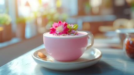 Springtime Floral Pink Smoothie with dragon fruit powder and Edible Flowers in Sunlit Cafe.