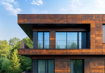 Fototapeta premium Modern architectural design of a contemporary house showcasing wooden paneling, expansive glass windows, and a beautiful backdrop of nature under a clear blue sky.