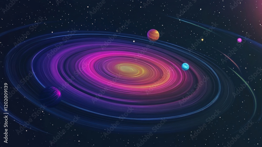Poster Colorful galaxy displaying swirling nebula with vibrant planets floating in space at night. Generative AI