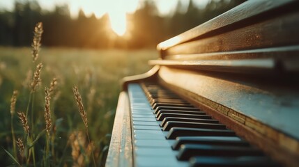 A striking silhouette of a piano appears against a vibrant sunset, symbolizing the connection between music and the tranquil beauty of nature in an inspiring scene.