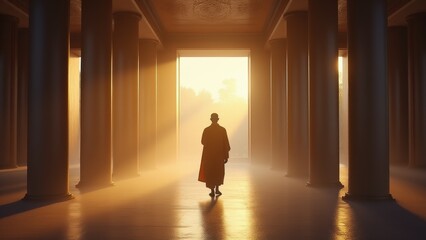 Obraz premium A calm scene of a monk traversing the polished floors of a meditation hall with measured grace.