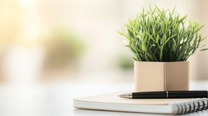 Healthy green plant on white table with small notebook and pen, symbolizing health advice and wellness tips, clean and focused image with copy space for text.	