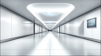 Obraz premium Futuristic white corridor with bright lighting and a screen.