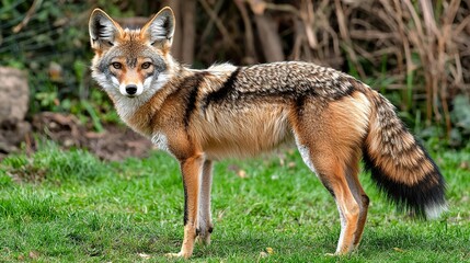 Obraz premium Golden jackal standing alert in grassy field, blurred bushes backdrop.