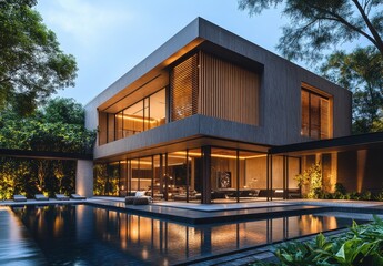 Fototapeta premium Modern architectural design of a luxury house featuring large glass windows, sleek lines, and an inviting outdoor pool surrounded by lush greenery in a tranquil setting