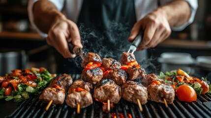 A chef skillfully grilling skewers with marinated meat and vibrant vegetables, showcasing the art of barbecue cooking and the appeal of delicious food preparation.