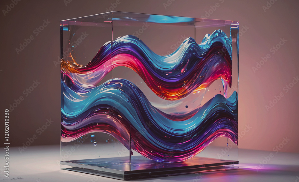 Poster A cube made of glass with a colorful wave pattern on it. The colors are purple, blue, and red. The cube is sitting on a table