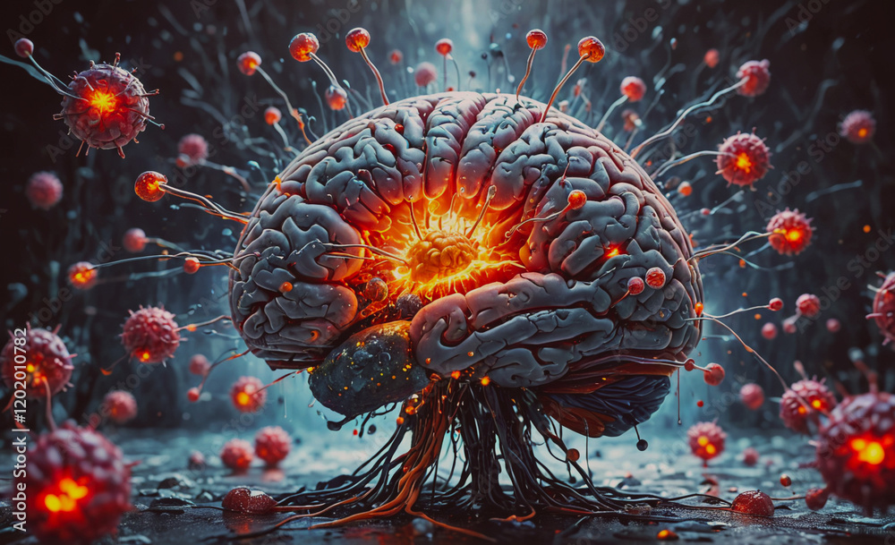 Poster A brain with a red explosion coming out of it. The explosion is surrounded by many small red dots