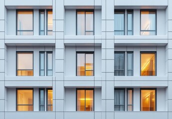 Fototapeta premium Modern Architectural Design of a Residential Building Showcasing Symmetrical Windows with Warm Light Emitting for a Cozy Atmosphere During Twilight Hours