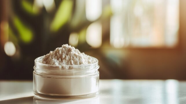 Glass jar filled with collagen placed on a minimalist table, a natural elixir for enhancing skin elasticity, fortifying bones, lubricating joints, and supporting intestinal health.