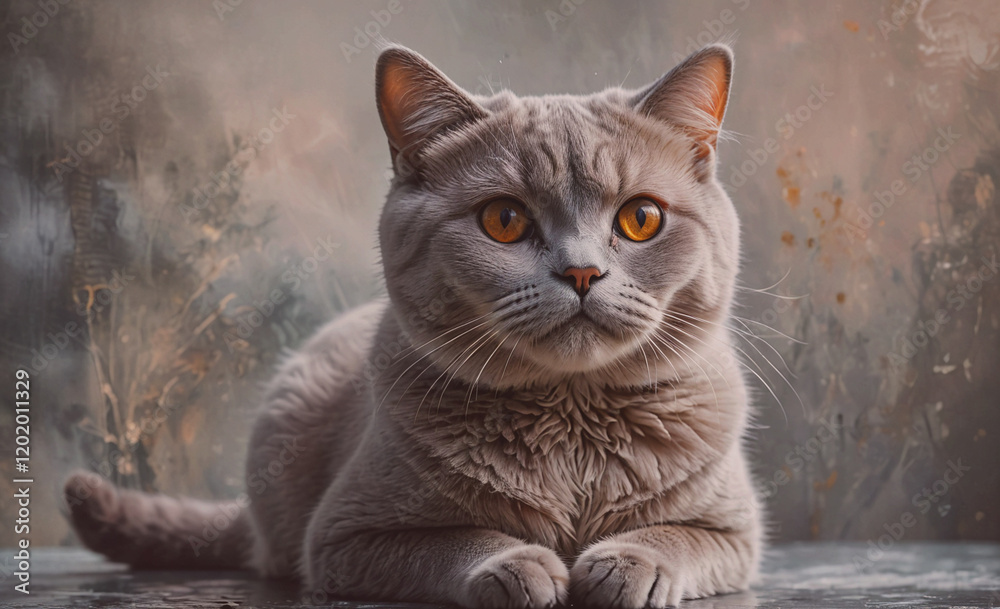Poster a grey cat with yellow eyes is laying on a table. the cat appears to be relaxed and comfortable in i