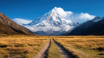 Fototapeta premium A breathtaking mountain peak rising majestically amidst clouds, showcasing the stunning interplay of light and shadow on its icy surface and surrounding golden grasslands.