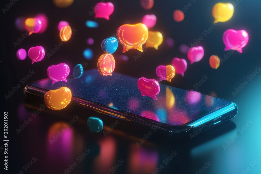 Aufkleber Chat bubbles burst from a smartphone in a vibrant digital communication display during night time. Generative AI