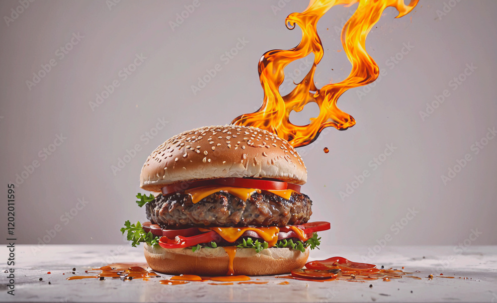Poster a hamburger with a flame on top of it. the flame is made of melted cheese. the hamburger is on a tab
