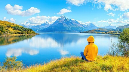 Fototapeta premium A traveler sitting on a grassy hill, gazing at a calm lake with mountains in the distance