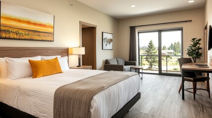 Modern hotel room with bright furnishings, scenic view, and stylish decor in a contemporary setting