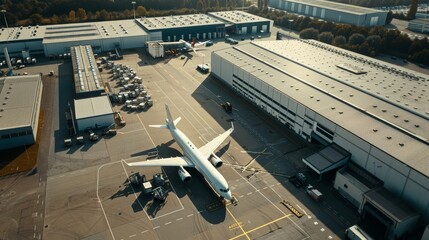 Aerial view of an airport with a parked airplane and cargo loading area.